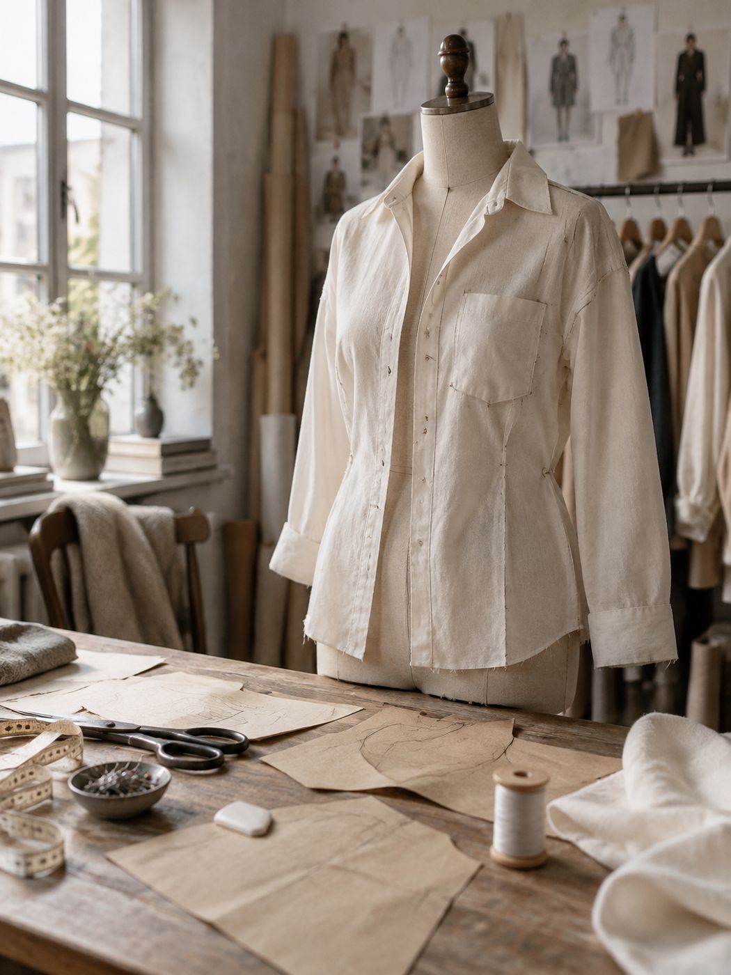 design studio with a shirt on a dress form
