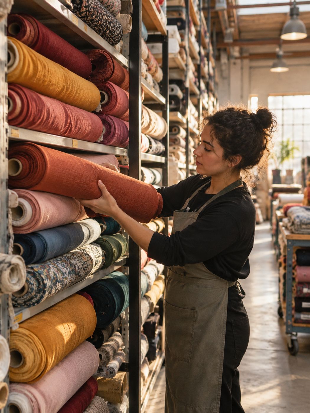 rolls of fabric in a textile warehouse